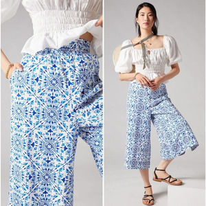 Anthro Maeve High Rise Tile Print Wide Leg Cotton Crop Pants Blue White Medium